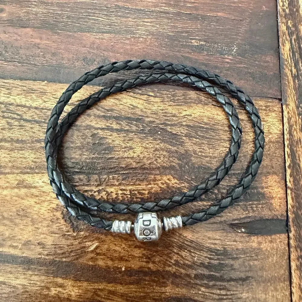 Pandora Moments Double Black  Leather and Silver Bracelet, 7